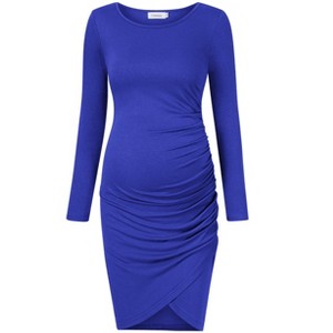 Women's round neck long sleeved cross hem pleated maternity dress non vacuum 35 # sapphire blue long sleeved Sapphire Blue Long Sleeve_S - 1 of 1