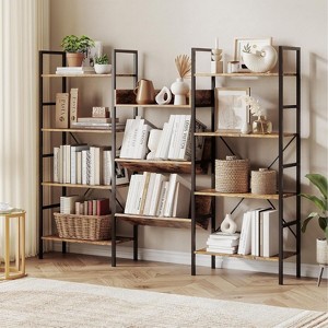 Jojoka Industrial Triple Wide 4-Tier Bookcase – 11 Open Display Shelves with V-Shaped Middle Shelves & Storage Drawer, Metal Frame,Brown - 1 of 4