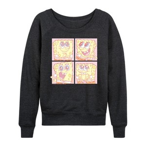 Women's - Spongebob Squarepants - Cute Face Grid Lightweight French Terry Wide Neck Long Sleeve Shirt - 1 of 4