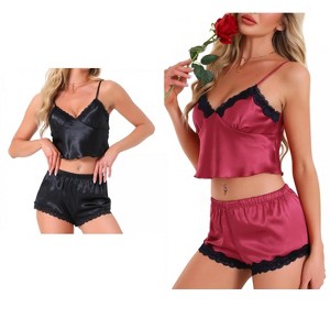 INSPIRE CHIC Women's 4 Pcs Loungewear Satin Lace Sleeveless Spaghetti-Strap Removable Pad Cami & Shorts Pajama Set - 1 of 4