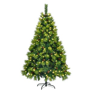 6FT Grass Green Christmas Tree, Large Branches Pine Tree, Pre-Lit Set with Tree & Garland & Wreath - 1 of 4