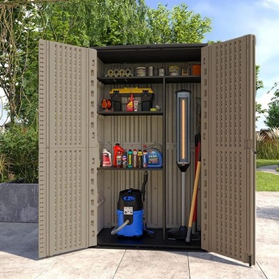 Syemin Outdoor Storage Shed, Vertical Tall Tool Shed with Five Shelves, Lockable Door for Patio, Backyard and Lawn, Brown, 50"*82"*29"