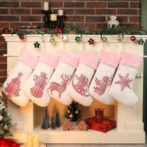 White Stockings 6 Pack 20 Inch Large Embroidered Buffalo Pink Plaid Pink Fireplace Holiday Decor Xmas Family Season Stockings - 1 of 4