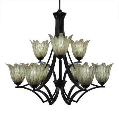 Toltec Lighting Zilo 9 - Light Chandelier in  Matte Black with 7" Vanilla Leaf Shade
