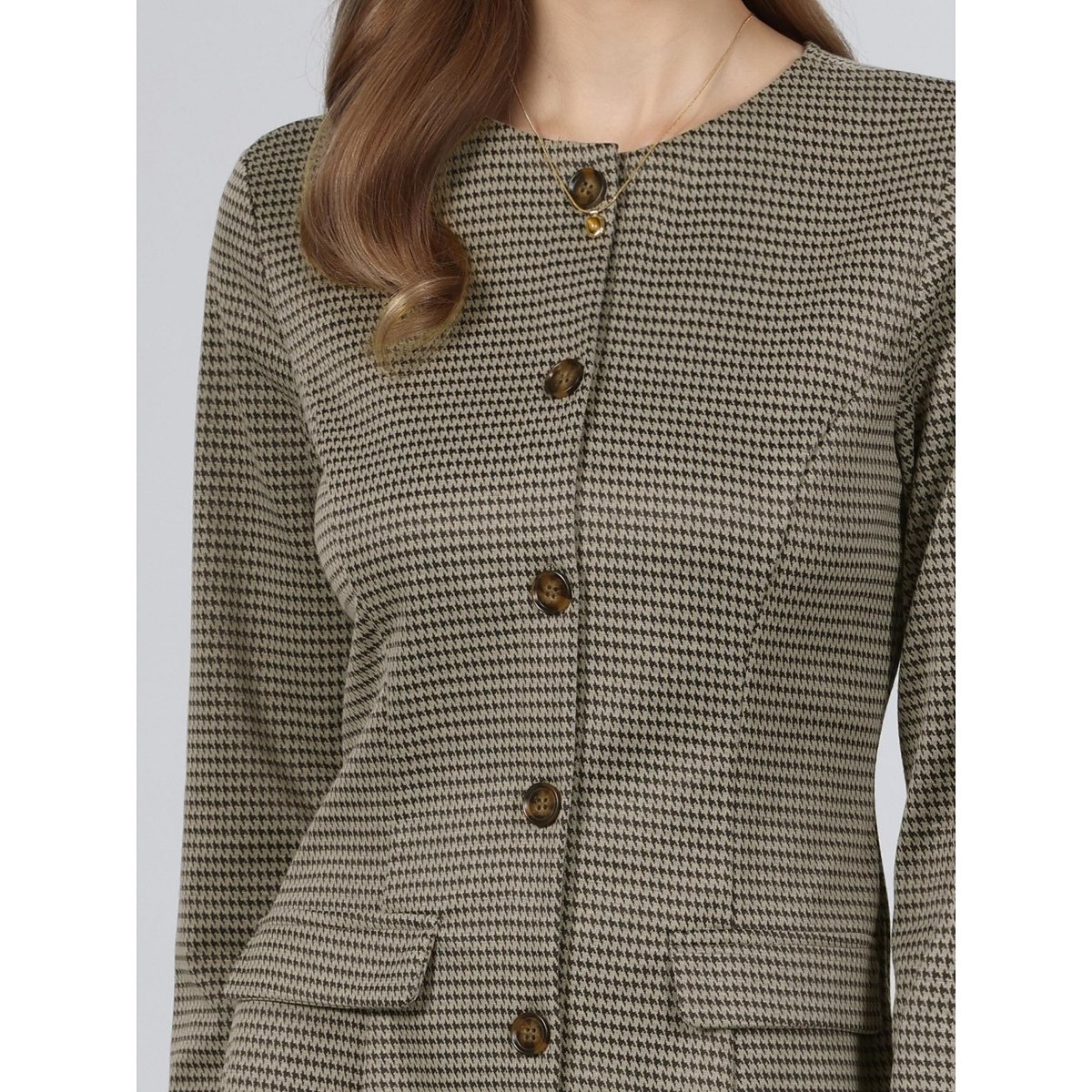 Женские платья INSPIRE CHIC Women's Houndstooth Plaid Long Sleeve Vintage Trendy Button Down A-Line Dresses Medium Brown — фото 4
