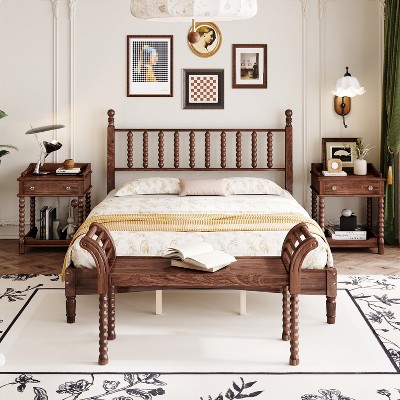4-Piece Retro Style Bedroom Sets, Queen Size Platform Bed with Gourd Shaped Headboard, 2 Nightstand and Bench with Turned Legs - ModernLuxe