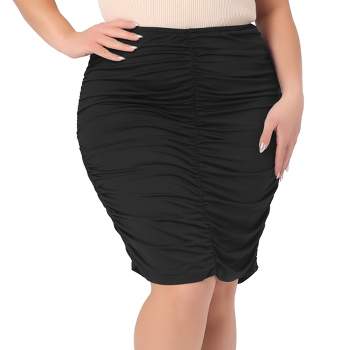 Agnes Orinda Women's Plus Size Elastic High Waist Ruched Stretch Knee Length Bodycon Skirts