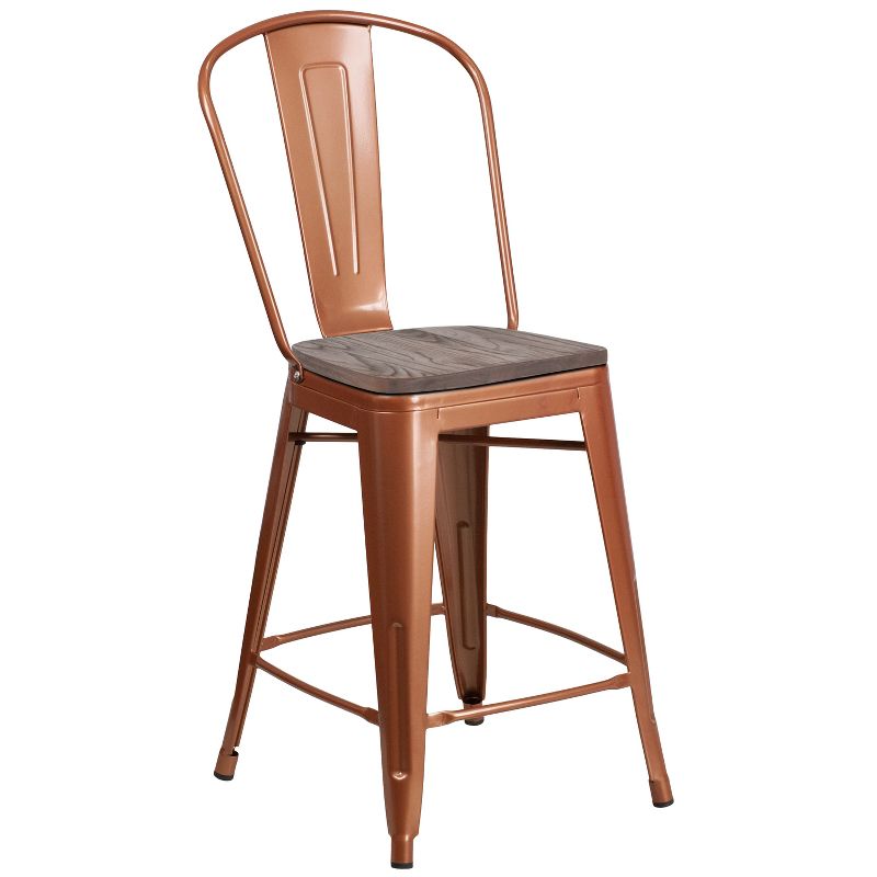 Emma and Oliver 24"H Metal Counter Height Stool with Back and Wood Seat, 1 of 7