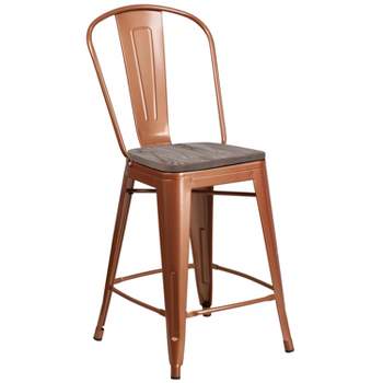 Emma and Oliver 24"H Metal Counter Height Stool with Back and Wood Seat