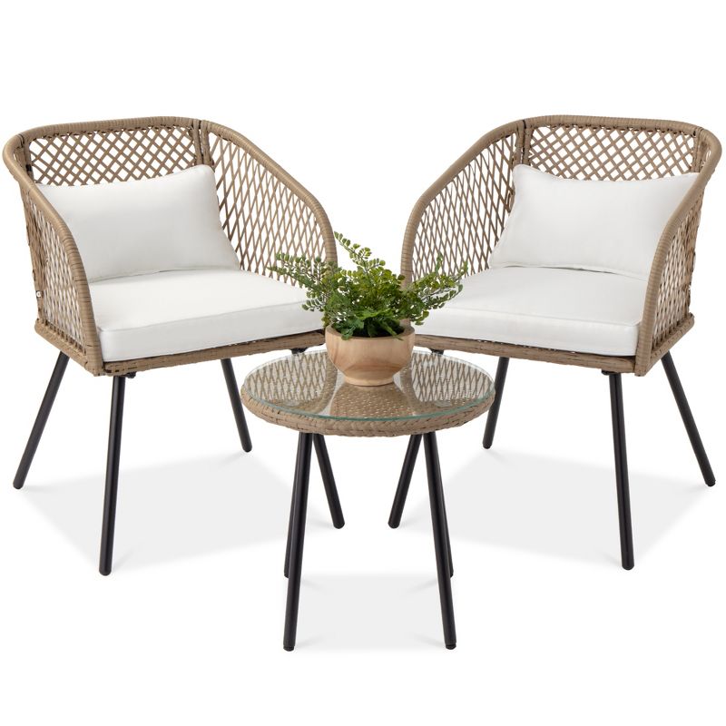 Best Choice Products 3-Piece Outdoor Wicker Bistro Set Patio Chat Conversation Furniture w/ 2 Chairs, Side Table, 1 of 7
