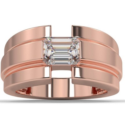 Pompeii3 2 Ct Emerald Cut Moissanite Solitaire 12mm Men's Ring White Yellow or Rose Gold