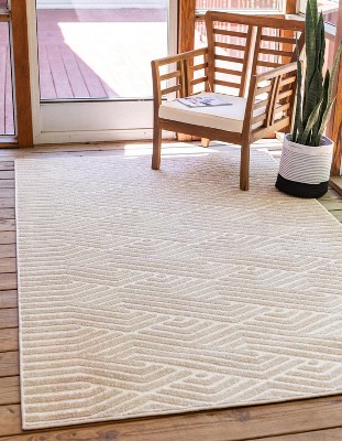 Beige Geometric Flat-Woven Outdoor Rug, 5' x 8', Reversible and Washable