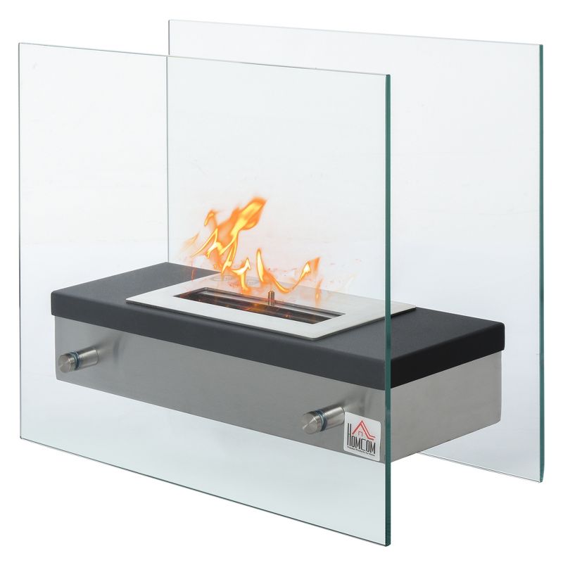 HOMCOM Ethanol Fireplace, 18.5" Tabletop 0.39 Gal Stainless Steel 269 Sq. Ft., Burns up to 3 Hours, Black, 1 of 9