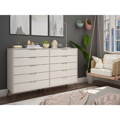 Mid-Century Modern Double Tall Dresser in Off White with Metal Legs
