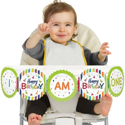 Big Dot of Happiness Cheerful Happy Birthday 1st Birthday Highchair Decor - I Am One - Colorful First Birthday High Chair Banner