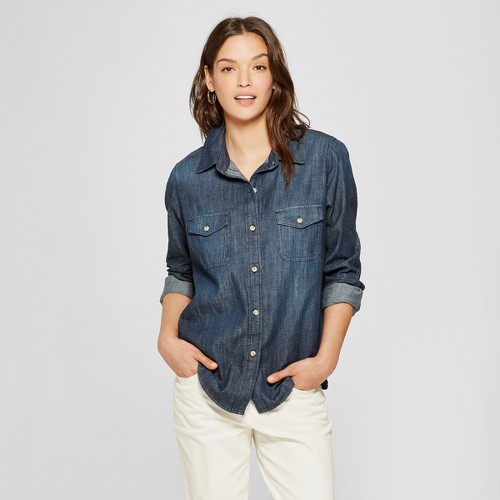 Dark wash denim shirt hot sale womens