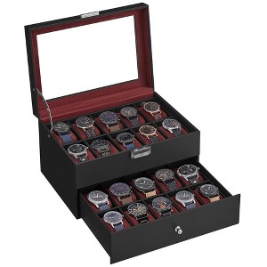 20-Slot Watch Box, Watch Case with Glass Lid, 2 Layers, Lockable Watch Display Case, Black Synthetic Leather - 1 of 4