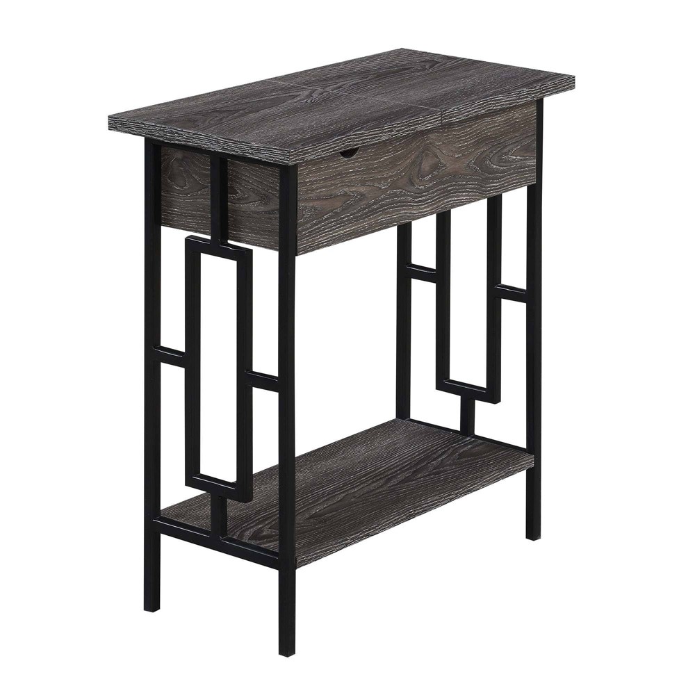 Town Square Flip Top End Table with Charging Station Weathered Gray/Black - Breighton Home: USB Ports, Cable Management, Bottom Shelf