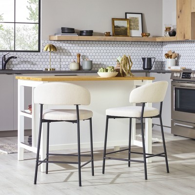 Ivory Upholstered Metal Frame Modern Counter Stools, Set of 2