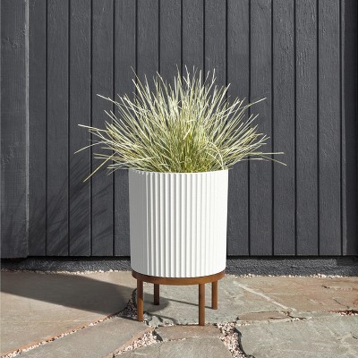 White Fluted Concrete-Composite Planter with Acacia Wood Stand