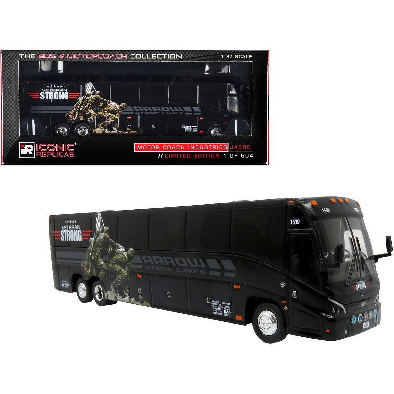 MCI J4500 Coach Bus "Arrow Stage Lines - Veteran Strong" Black Limited Ed to 504 pcs 1/87 (HO) Diecast Model by Iconic Replicas, 1 of 4