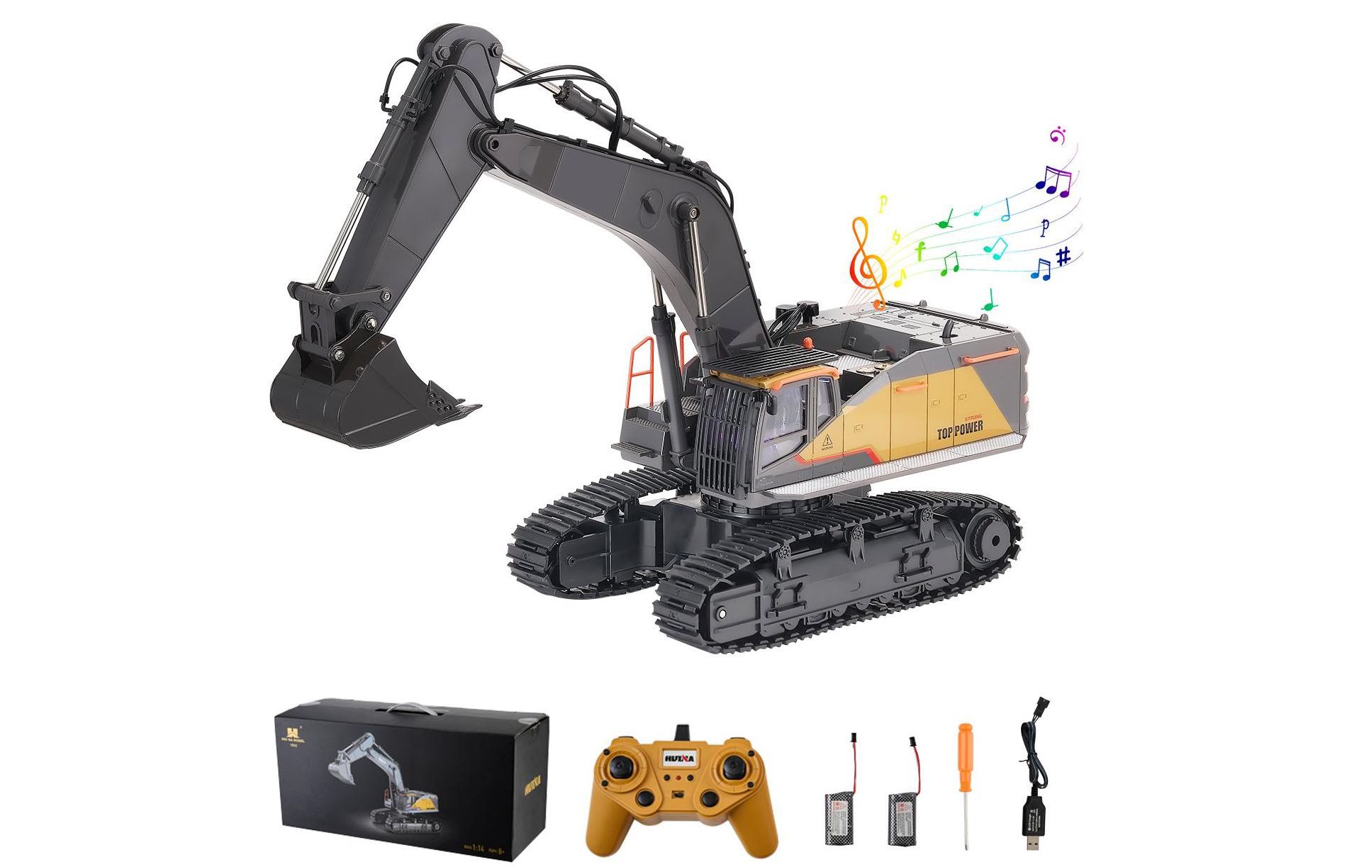 22-Channel Remote Control Excavator, 1:14 Scale RC Digger with Metal Bucket, Lights & Sounds for Kids