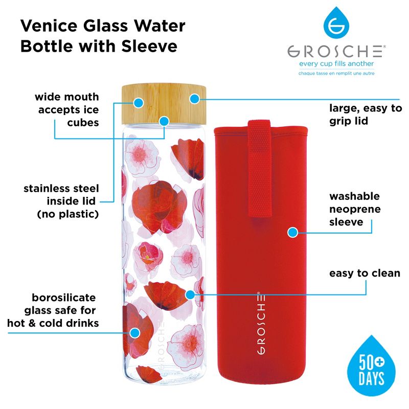 GROSCHE VENICE Eco-Friendly Glass Water Bottle with Bamboo Lid & Protective Sleeve , 4 of 11