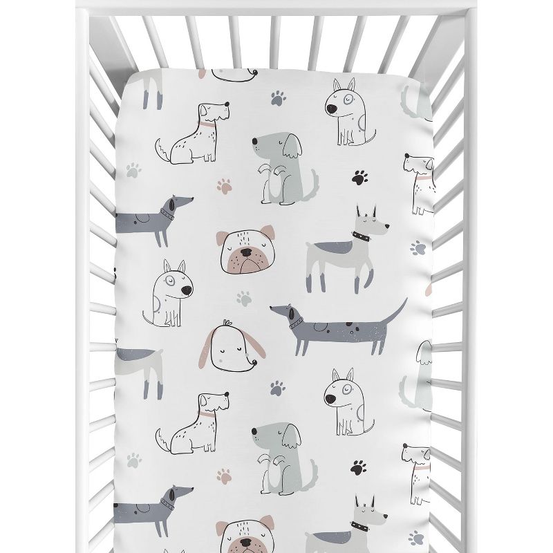 Sweet Jojo Designs Boy Baby Fitted Crib Sheet Cartoon Puppy White Taupe and Blue, 1 of 8
