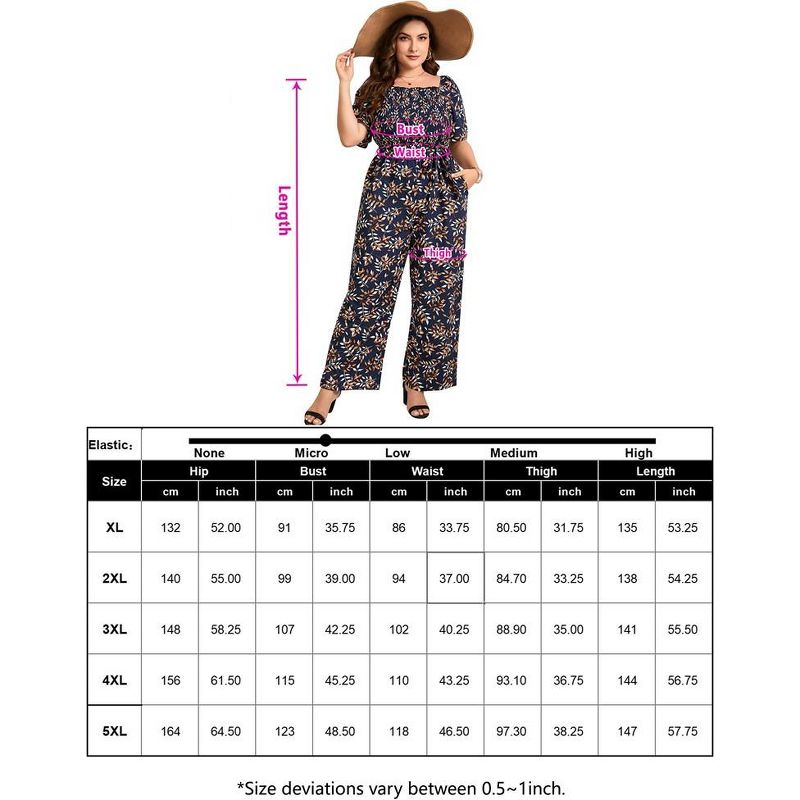 Whizmax Plus Size Casual Jumpsuits for Women Outfits Tie Belt Bell Sleeve Smocked Beach Wide Leg Floral Jumpsuits, 5 of 6