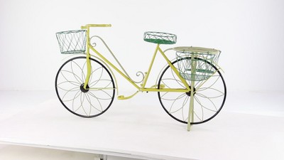 Yellow Iron Bicycle Plant Stand with Baskets and Saddle Bags
