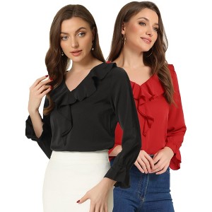 INSPIRE CHIC Women's Office Work Ruffle V Neck Long Sleeve Chiffon Peasant Blouse 2 Packs - 1 of 4