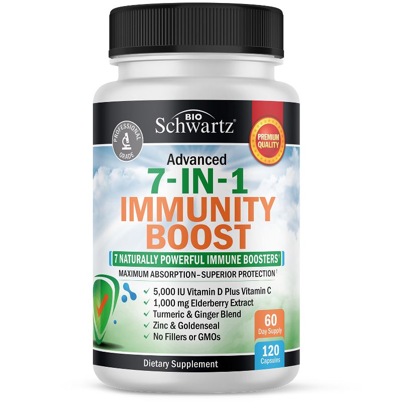7-in-1 Immunity Support Capsules with Zinc Vitamin C & D 5000 IU Elderberry Ginger D3, Natural Immune System Booster Defense, Bioschwartz, 120ct, 1 of 7
