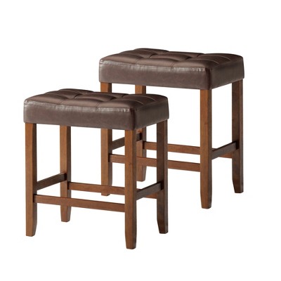 A La Carte Harper Kitchen Stool in Wood Finish with Distressed Brown Vegan Leather, Set of 2