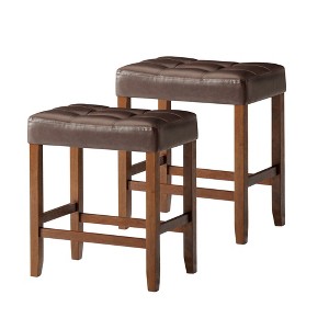 A La Carte Harper Kitchen Stool in Wood Finish with Distressed Brown Vegan Leather, Set of 2 - 1 of 4
