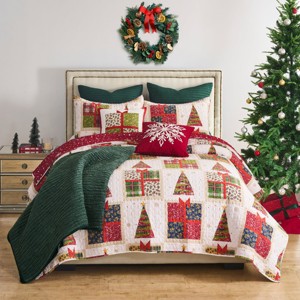 Greenland Home Fashions Deck the Halls 3-Piece Quilt Set – Holiday Red & Green, Festive Reversible Bedding - 1 of 4
