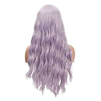 Glamlily Pastel Purple Long Wavy Hair Wig with Bangs for Women Cosplay, Halloween Costume, 27 in