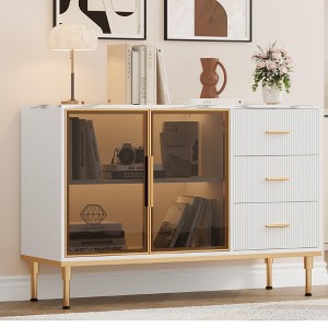 Fluted Sideboards Buffets Cabinet with Glass Doors, 3 Drawers, Marble Top Kitchen Sideboard Cabinet - 1 of 4
