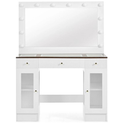 43.3" Vanity Desk with Large Mirror and Hollywood Bulbs, Modern Glass Top Makeup Vanity with Drawers and Power Outlet