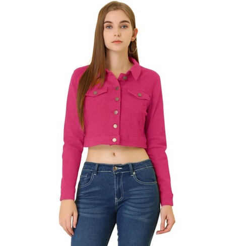 Allegra K Women's Slim Fit Button Down Long Sleeves Casual Cropped Jean  Jacket Purple Small