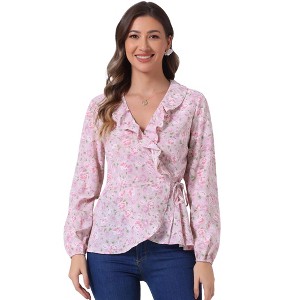 INSPIRE CHIC Women's Floral Print V Neck Tie Waist Ruffle Neck Chiffon Wrap Shirt - 1 of 4