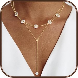 14K Gold-Plated Pearl Necklace Set: Dainty Layered Daisy Choker, Trendy Jewelry Gift for Women - 1 of 4