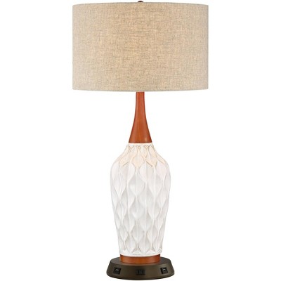 360 Lighting Mid Century Modern Table Lamp with USB and AC Power Outlet Workstation Charging Base 30" Tall White Ceramic Drum Shade Bedroom