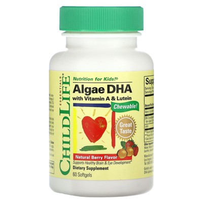ChildLife Essentials Algae DHA with Vitamin A & Lutein, Natural Berry, 60 Softgels