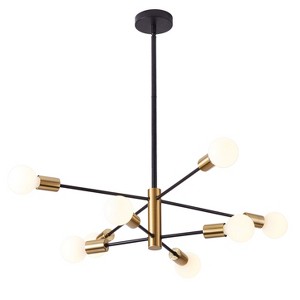 Dewdrop Mid Century Modern 12-Light Chandelier, Black & Brass Sputnik with White Glass Globes - 1 of 4