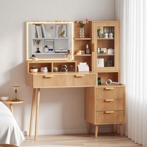 GustoWave Makeup Vanity Desk with Lights, Modern Fluted Dressing Table with 23.6" LED Mirror, 5 Drawers, Charging Station for Women - 1 of 4