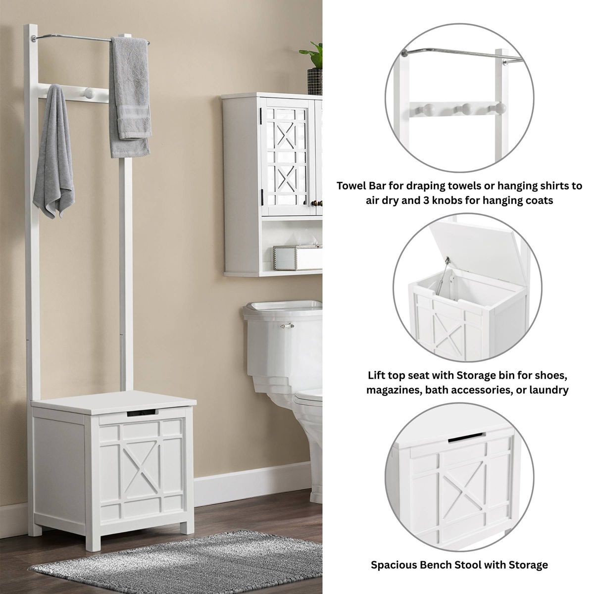 Derby Laundry Hamper Seat and Towel Rack White - Alaterre Furniture - thumbnail 3