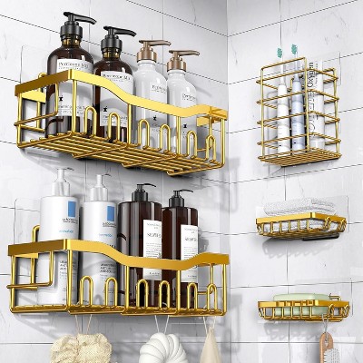 Attop Mirror Gold 5-Pack Rust-Resistant Stainless Steel Large Capacity Shower Shelf - No Drilling or Gluing Required Bathroom Storage Rack