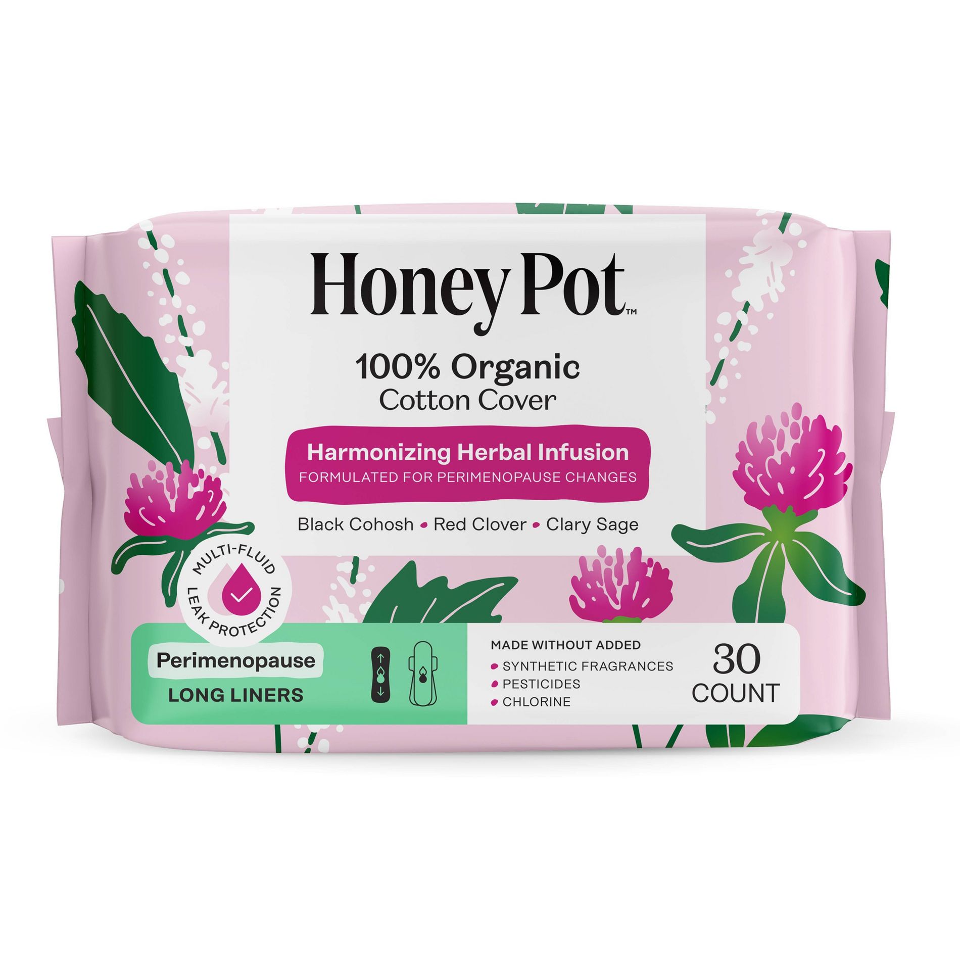 Honey Pot 100% Organic Cotton Cover Harmonizing Herbal Infusion Perimenopause Long Liners - 30ct
