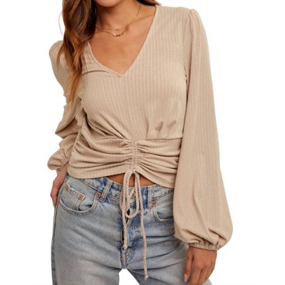 Women's Ruching V Neck Ribbed Top - Hem & Thread