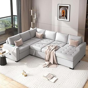 U Style Modular Combination Sofa Set, Sectional Sofa with Convertible Sofa Bed, USB and Type-C Interfaces, Footstool for Living Rooms, Offices - 1 of 4
